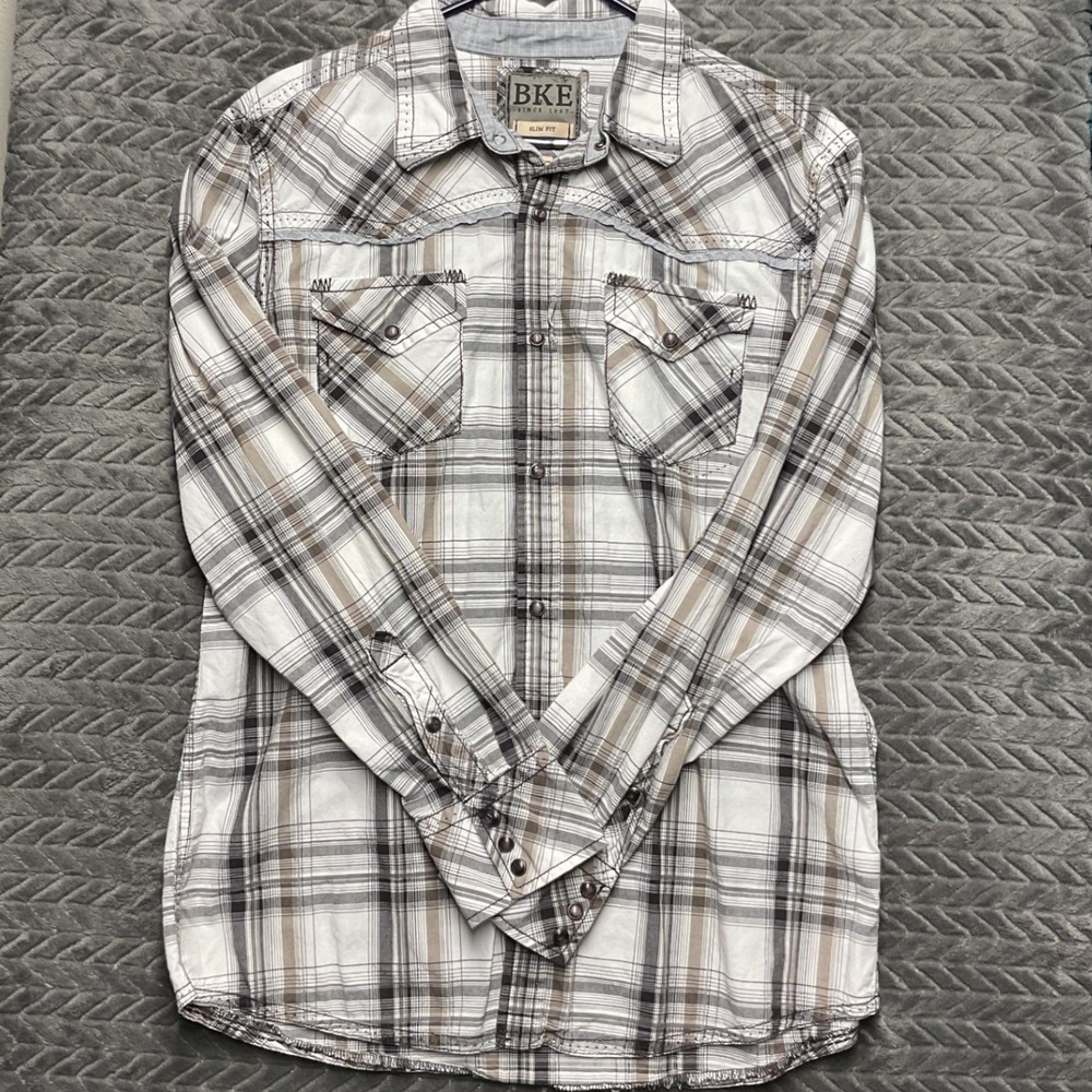 BKE XL Slim Fit Plaid Western Long Sleeve Snap Button Down Shirt (1596)